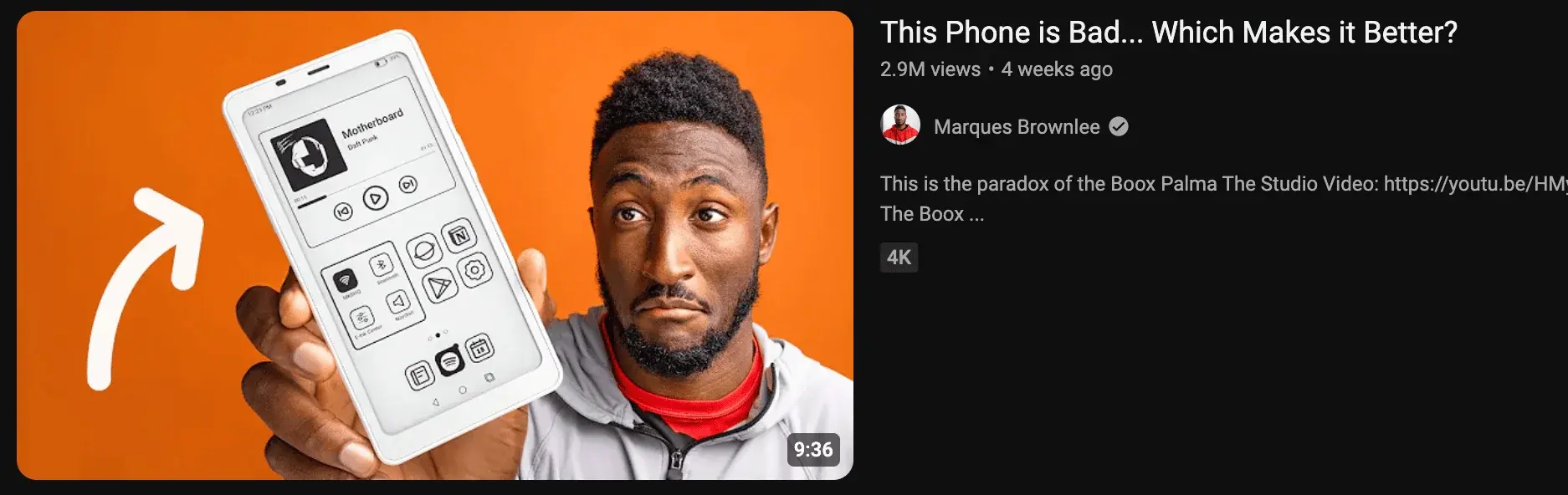 YouTube thumbnail featuring a man holding a smartphone with app icons, designed for optimal YouTube thumbnail size, from a video titled This Phone is Bad.. Which Makes it Better by Marques Brownlee, with 2.9 M views, 4 K resolution, and 9:36 duration