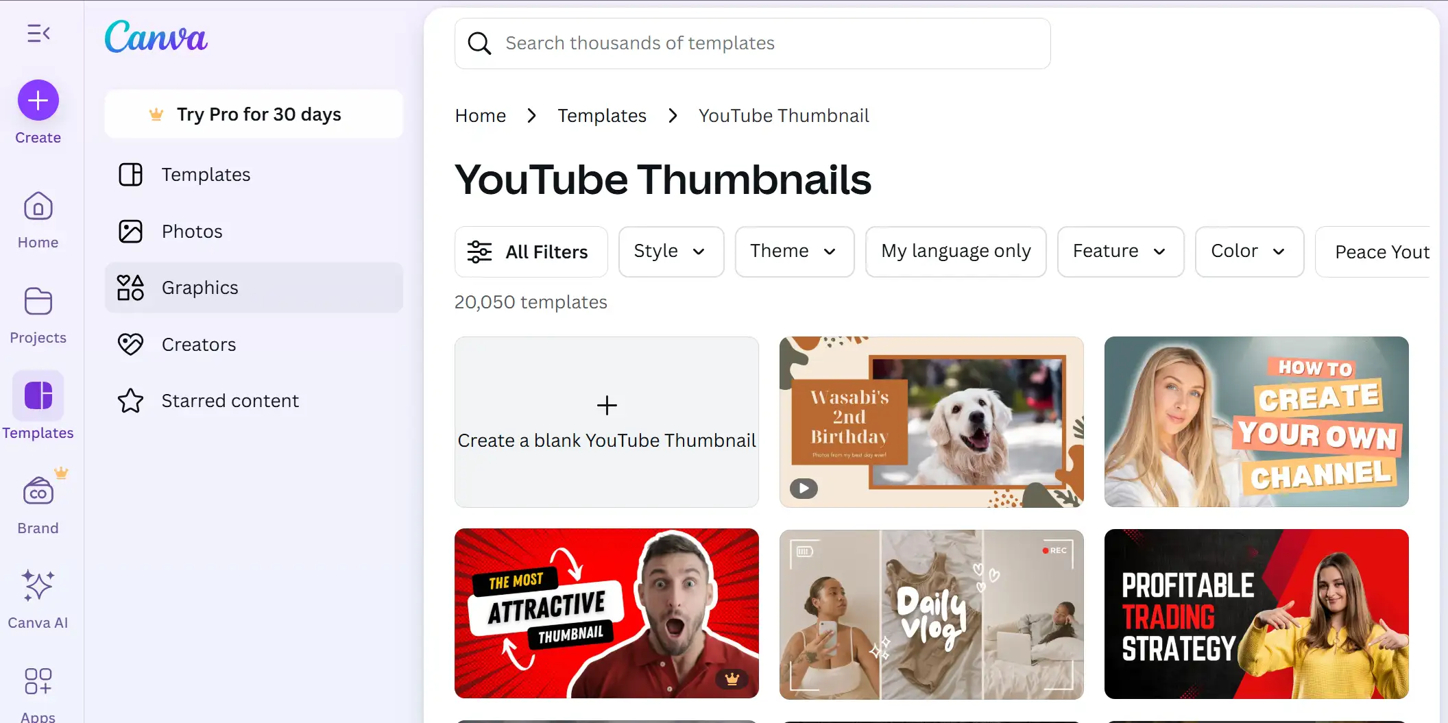 Canva interface showcasing YouTube Thumbnail templates with 20,050 options, including designs for Wasabi Birthday, How to Create Your Own Channel, The Most Attractive Thumbnail, Daily Vlog, and Profitable Trading Strategy, optimized for YouTube thumbnail size
